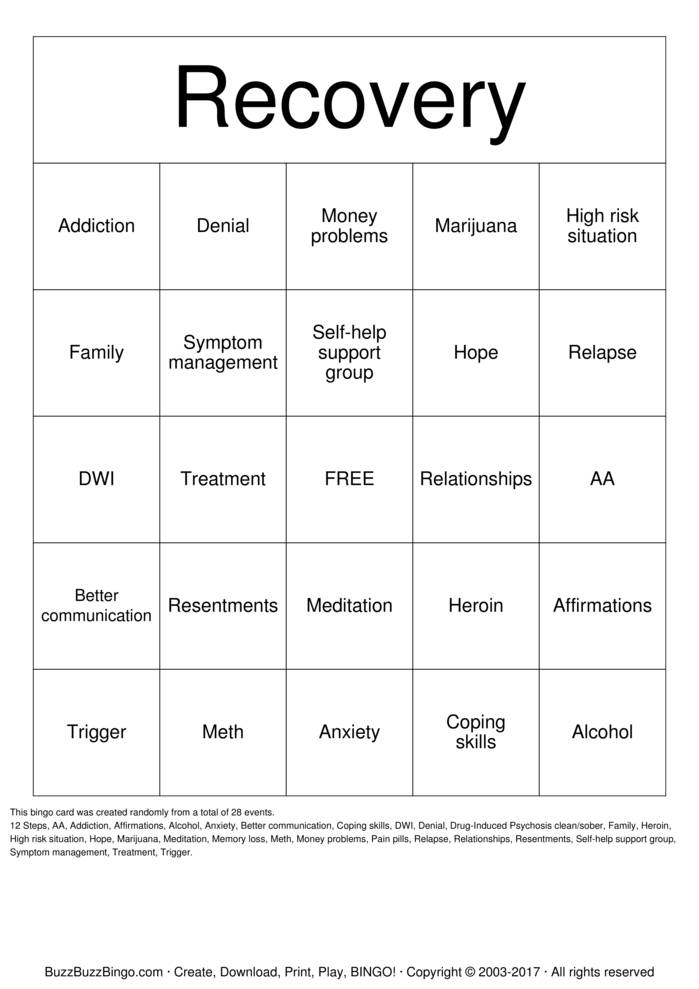 Recovery Bingo Game - 24 Cards With 600 Questions For Group Therapy & Family