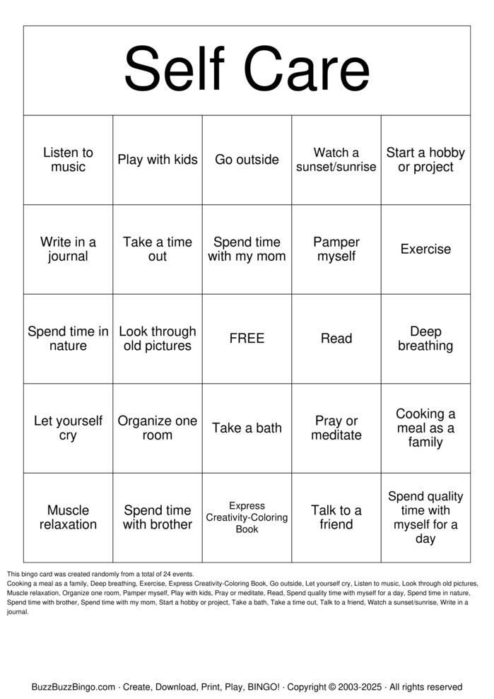 Download Free Self-Care Bingo Bingo Cards