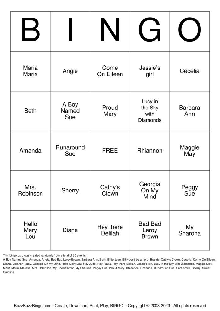 Download Free Songs With A Name In Title Bingo Cards
