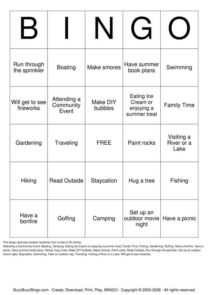 Download Free Summer Activities Bingo Cards