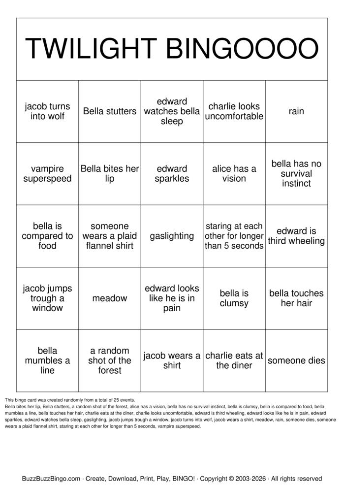 Download Free TWILIGHT BINGO Bingo Cards