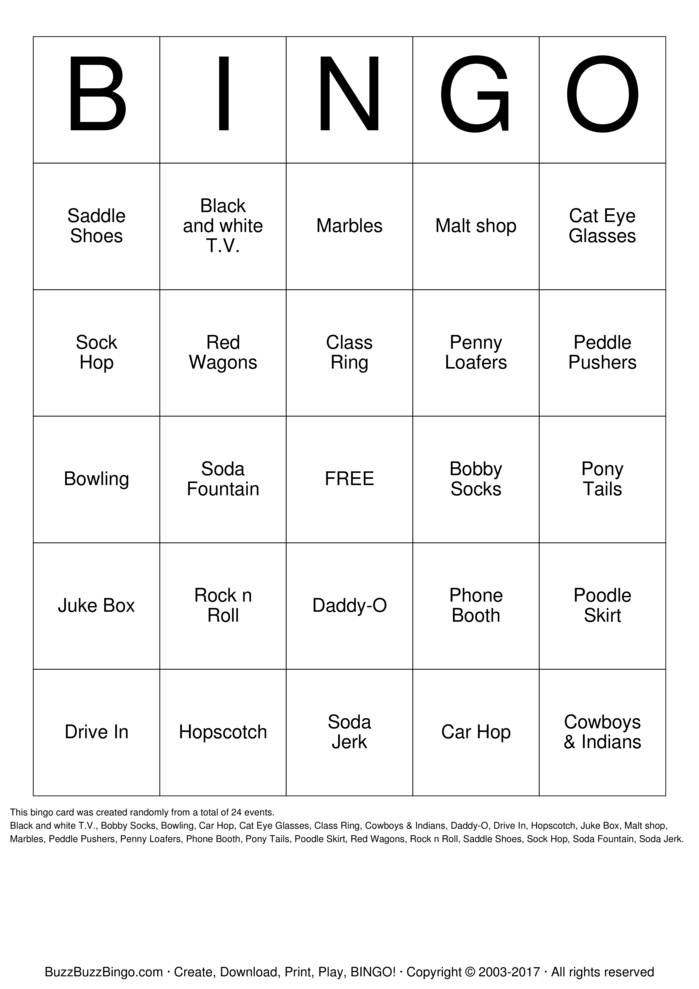 The 50's Bingo Cards to Download, Print and Customize!