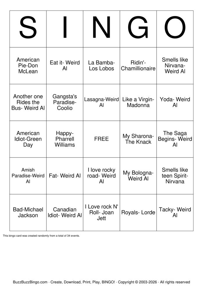 Download Free Weird Al Singo Bingo Cards