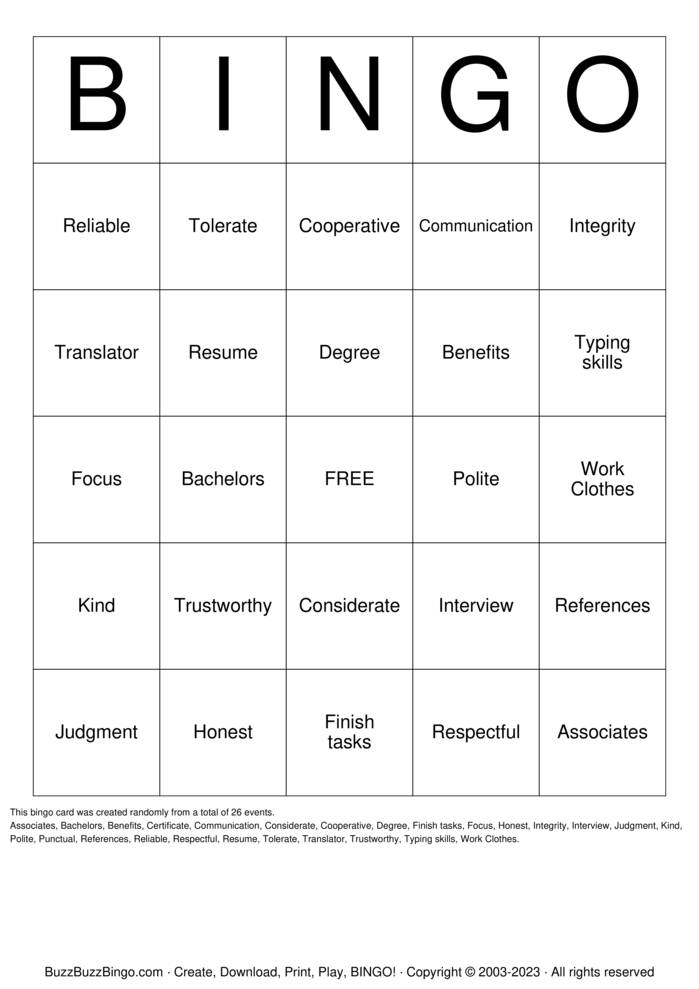 Download Free Workplace qualities and Vocabulary Bingo Cards