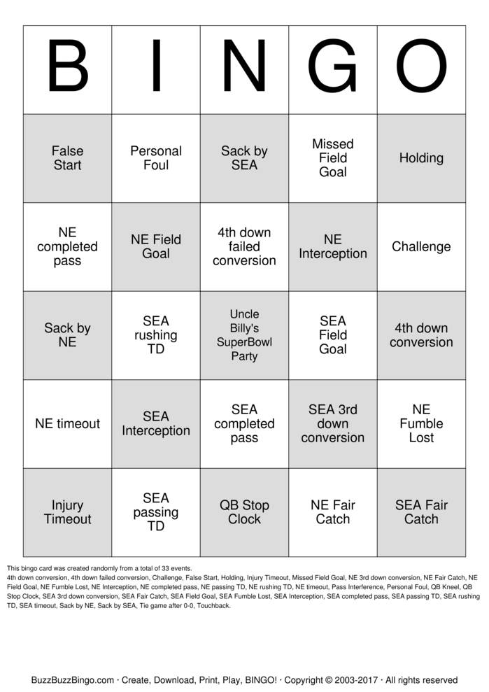 2015 Superbowl NE vs SEA Bingo Cards to Download, Print and Customize!