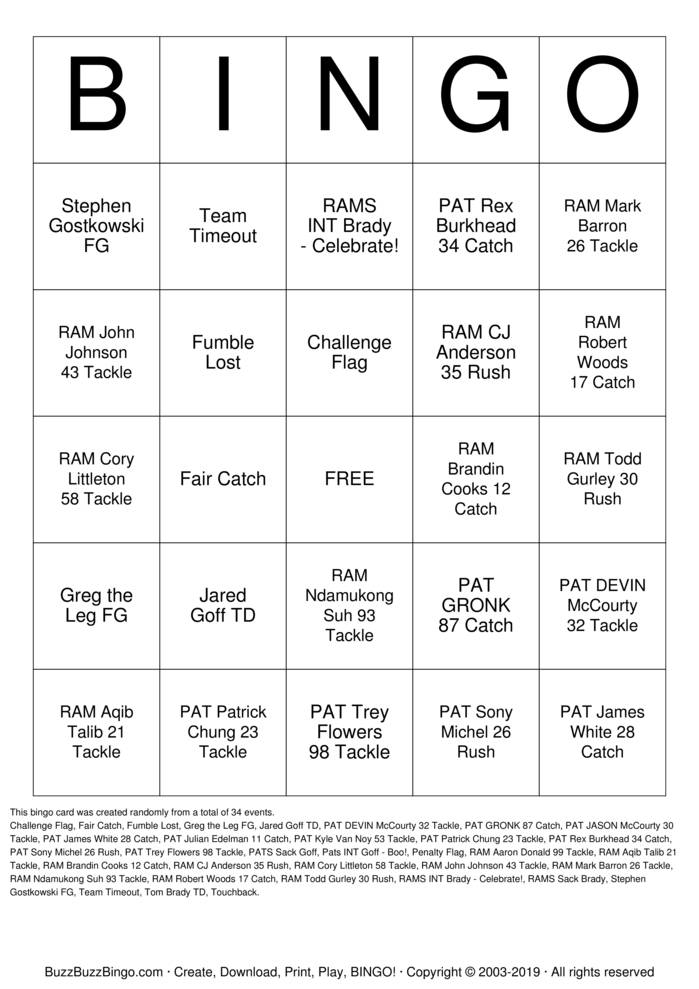 2019 Superbowl NE vs LAR Bingo Cards to Download, Print and Customize!
