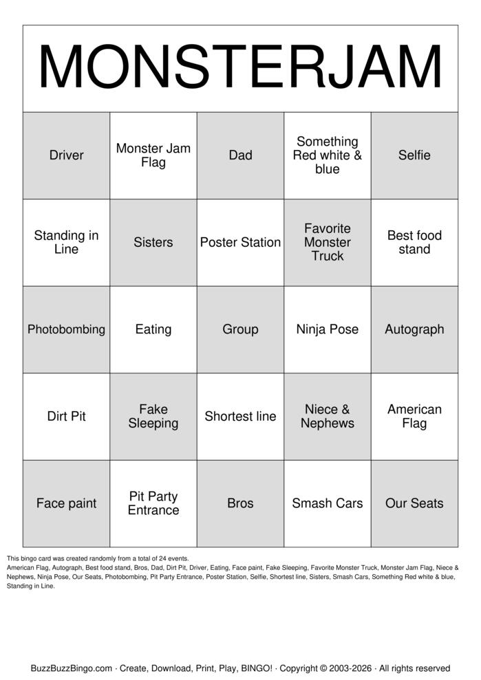 Download Free 2026 Monster Jam Pictures Bingo Cards
