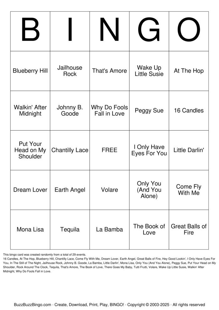 Download Free 50's SINGO Bingo Cards
