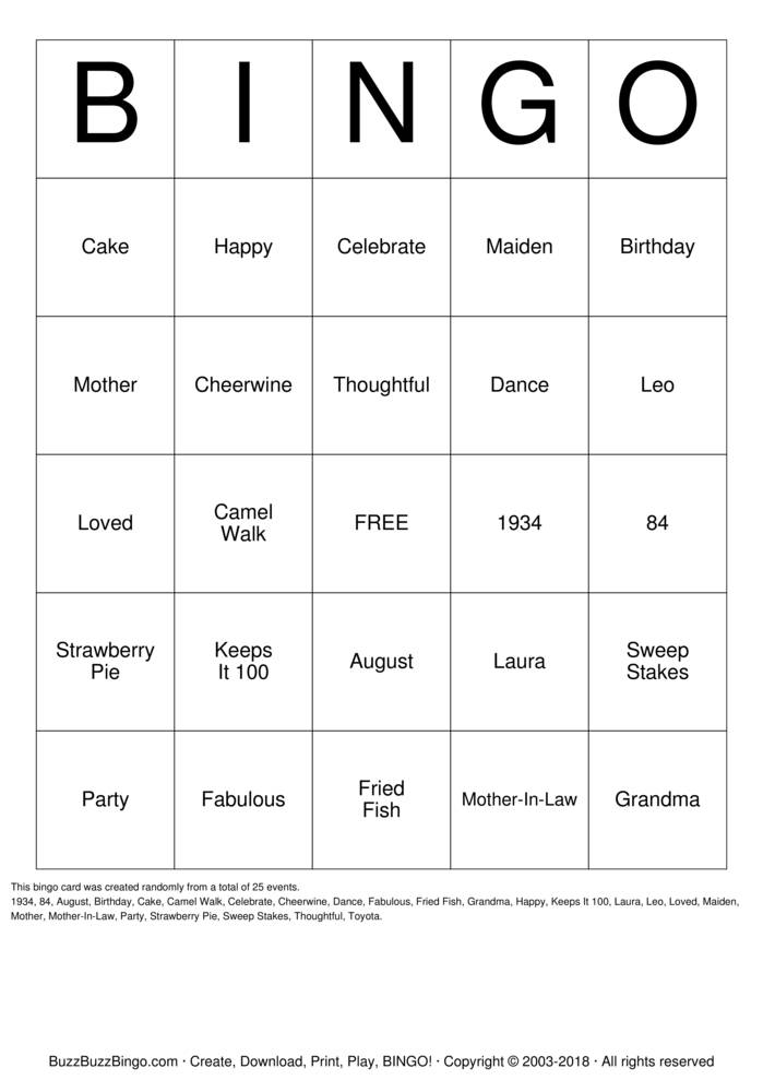 Download Free 84th Birthday Bash Bingo Cards
