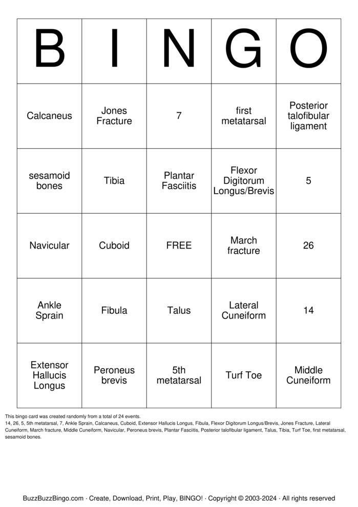 Download Free Bones of the Foot & Ankle Bingo Cards