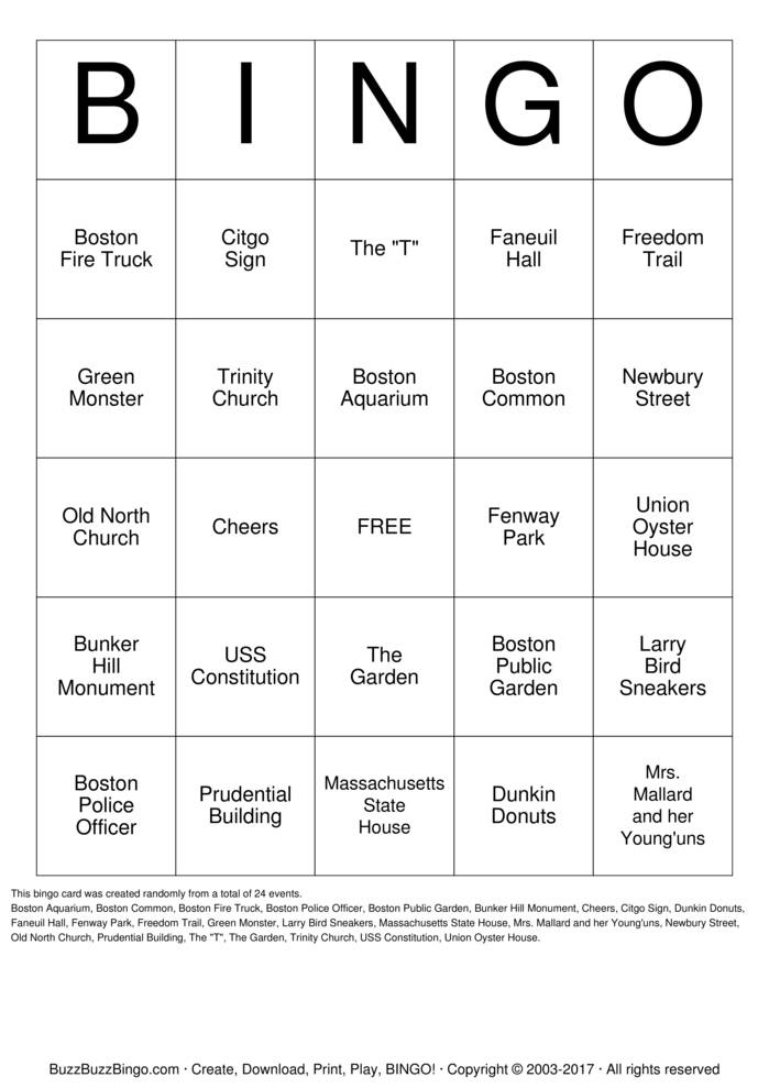Download Free Boston Bingo Bingo Cards