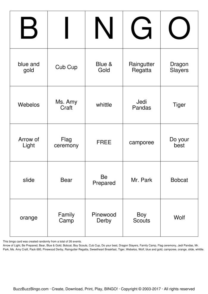 Download Free Cub Scouts Bingo Cards Download Free Cub Scouts Bingo Cards