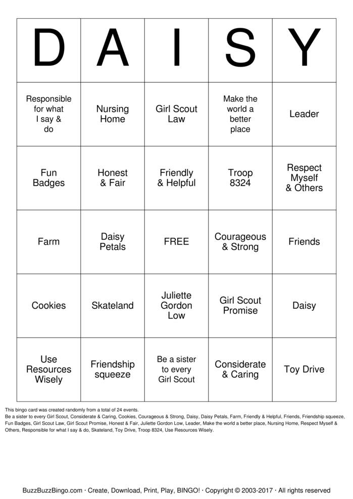 Download Free DAISY Bingo Cards