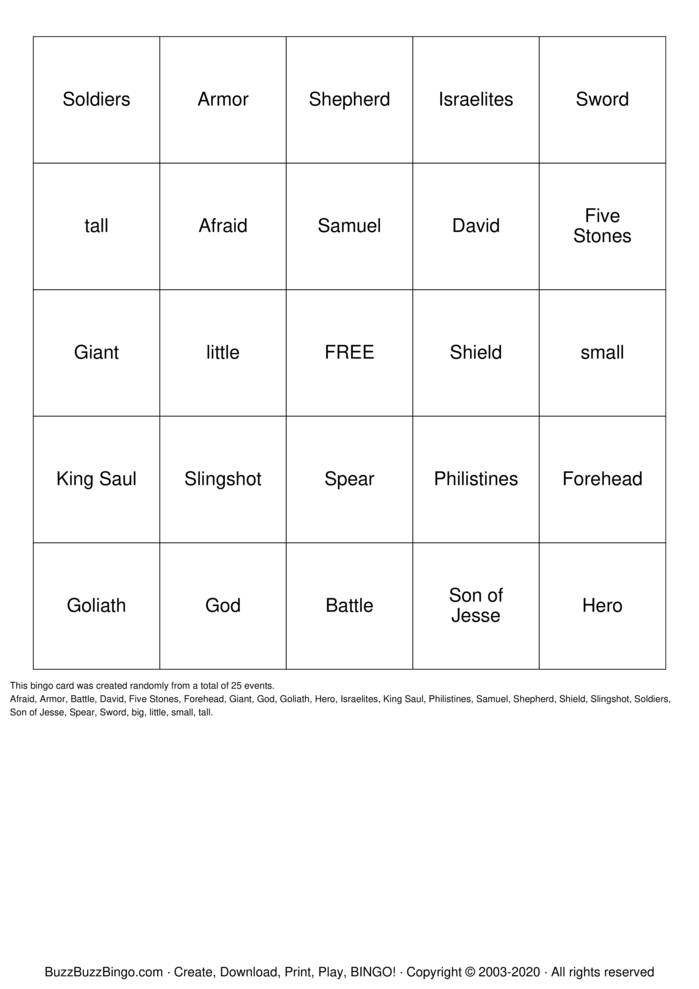 Download Free David & Goliath Bingo Cards