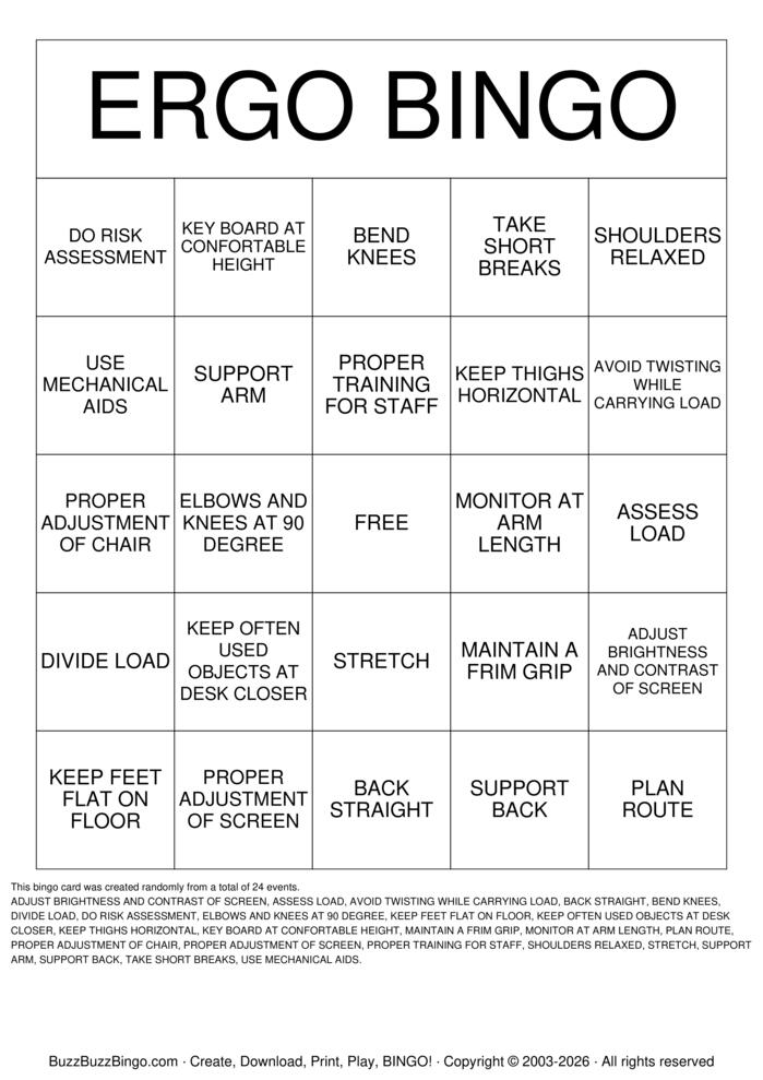 Download Free ERGONOMICS AND MANUAL HANDLING Bingo Cards