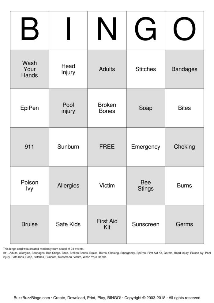 Download Free First Aid Bingo Bingo Cards