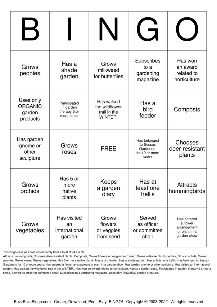 Garden Club Bingo Bingo Cards to Download, Print and Customize!