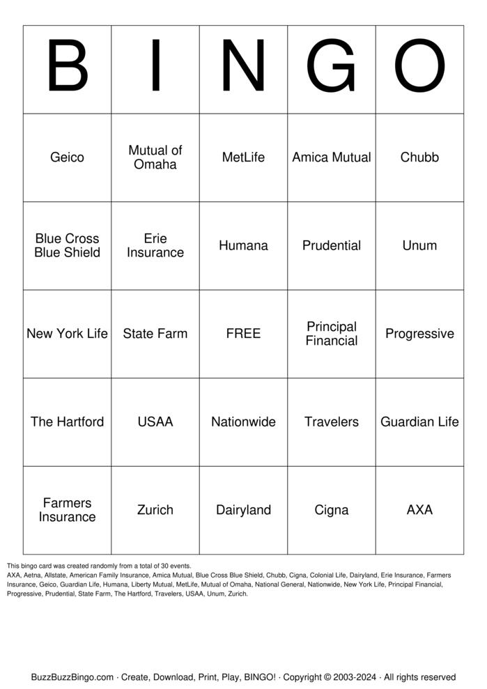 Download Free Insurance Companies Bingo Cards