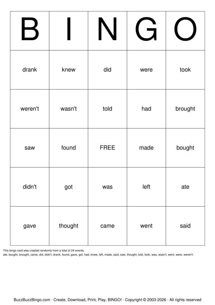 Download Free Irregular Past Tense Verbs Bingo Cards Download Free Irregular Past Tense Verbs Bingo Cards