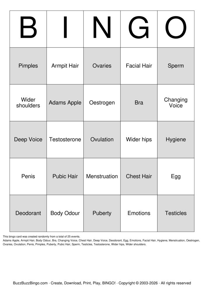 Download Free It's Puberty ! Bingo Cards
