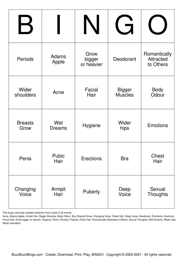 It's Puberty ! Bingo Cards to Download, Print and Customize!