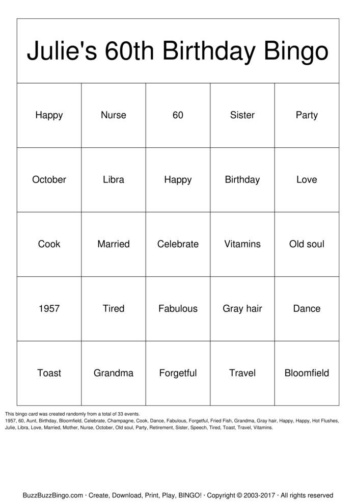 Download Free Julie's 60th Birthday Bingo Bingo Cards