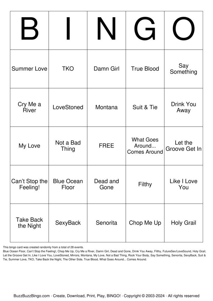 Download Free Justin Timberlake Songs Bingo Cards