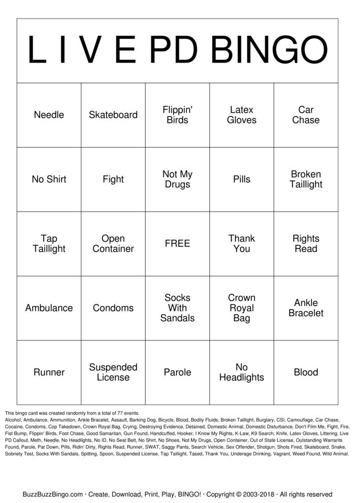 Download Free LIVE PD Bingo Cards