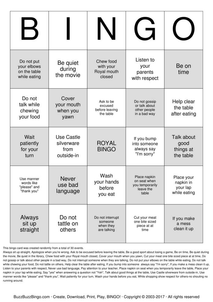 Manners Bingo Cards to Download, Print and Customize!