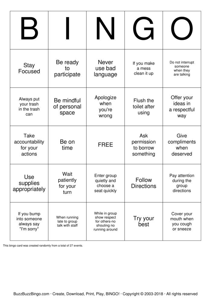 Manners Bingo Cards to Download, Print and Customize!