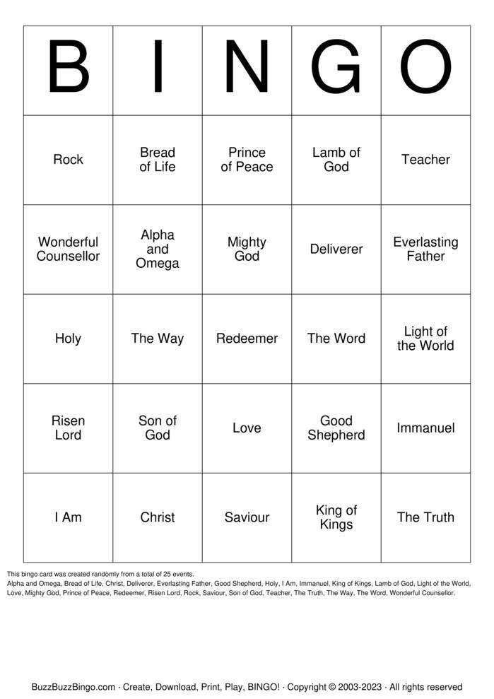 Download Free Names of Jesus Bingo Cards