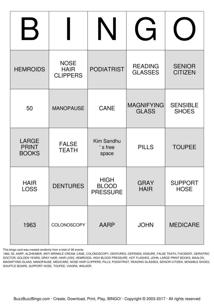 OVER THE HILL Bingo Cards to Download, Print and Customize!