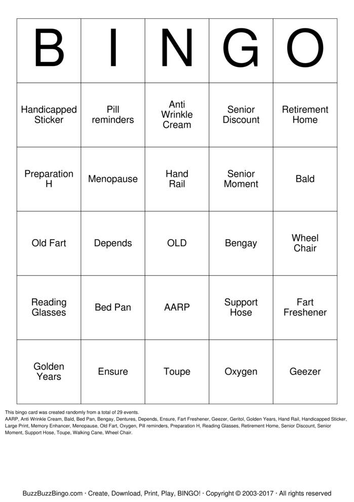 Download Free Old Fart Bingo Cards