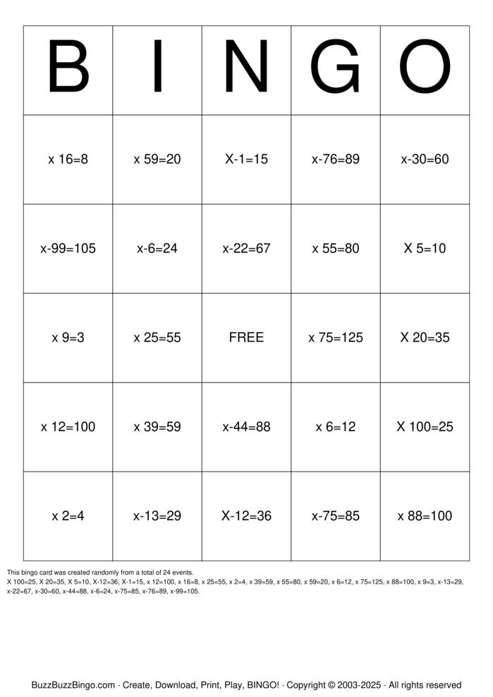 One-Step Equation Bingo Cards to Download, Print and Customize!