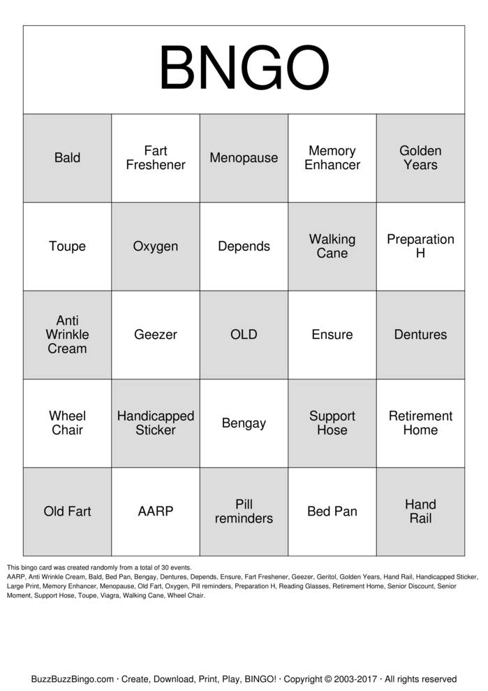Over the Hill Bingo Cards to Download, Print and Customize!