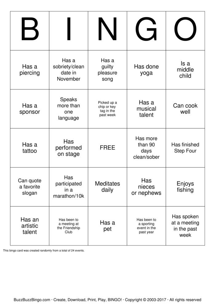 Download Free Recovery Bingo Cards Download Free Recovery Bingo Cards