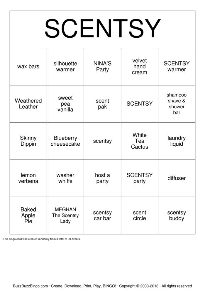 SCENTSY Bingo Cards to Download, Print and Customize!