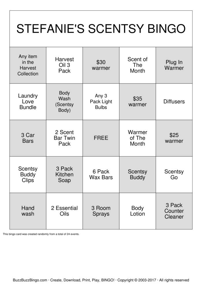 STEFANIE'S SCENTSY BINGO Bingo Cards to Download, Print and Customize!