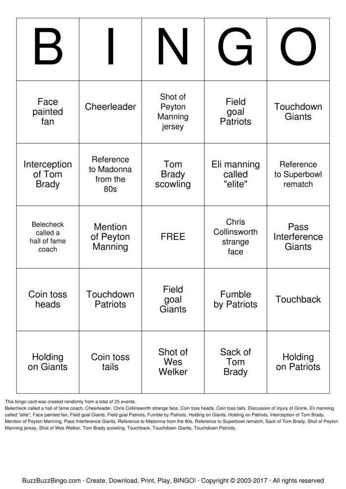 Superbowl Bingo Bingo Cards to Download, Print and Customize!