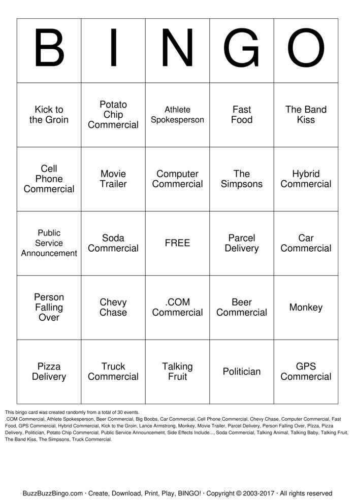 Download Free Superbowl Commercials Bingo Cards Download Free Superbowl Commercials Bingo Cards