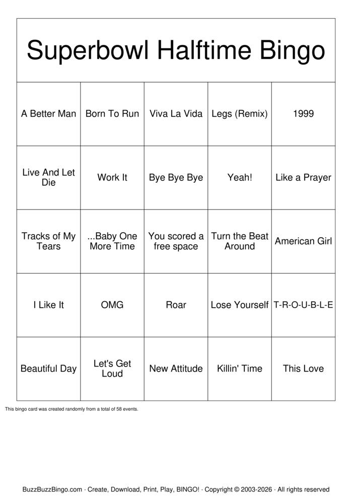 Download Free Superbowl halftime  Bingo Cards