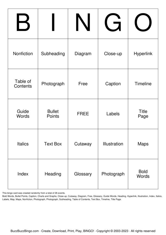 Download Free TEXT FEATURE Bingo Cards