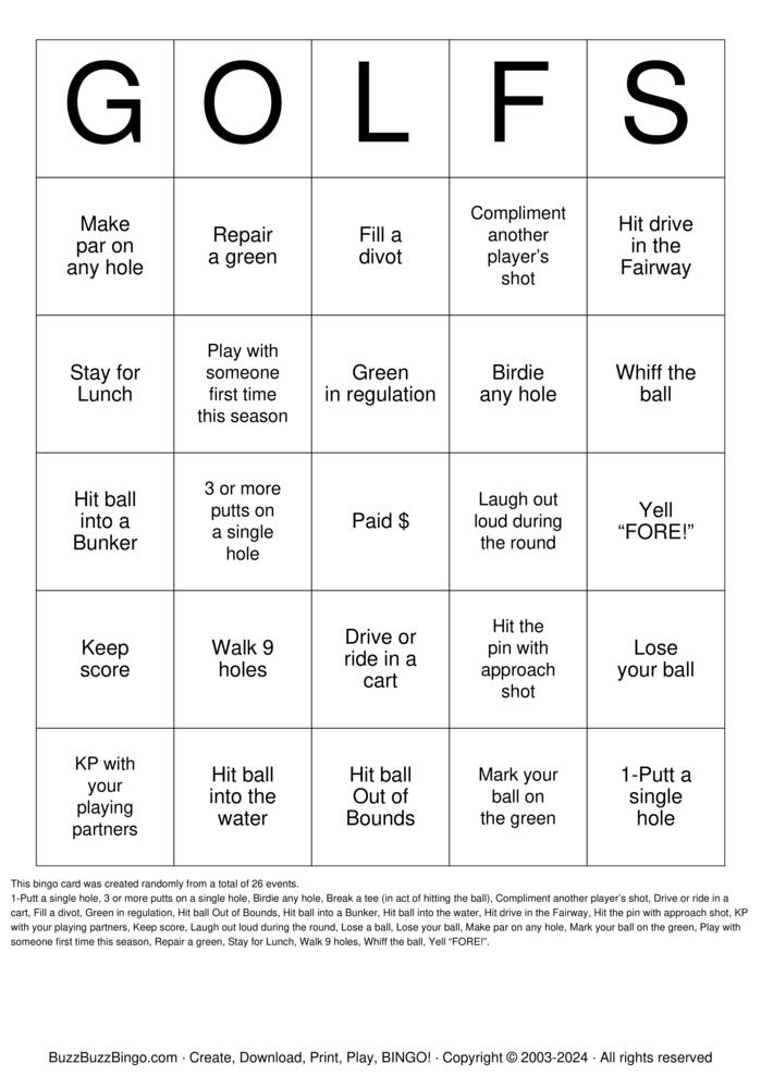Download Free Tuesday Morning Golf Bingo Cards