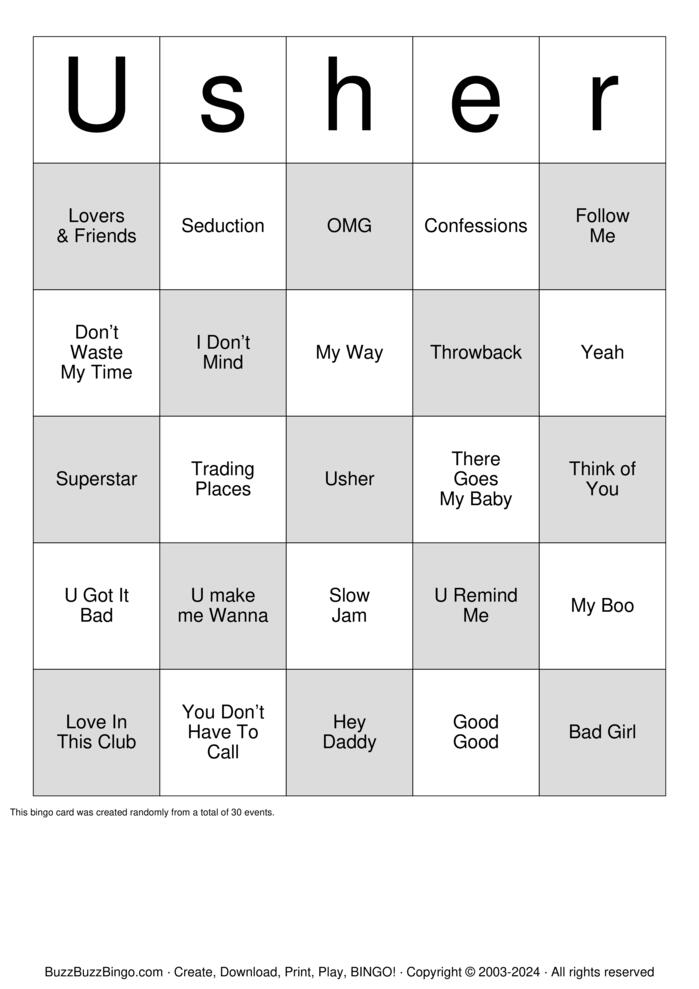 Download Free Usher Bingo Cards