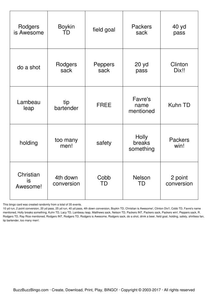 Download Free packers  Bingo Cards