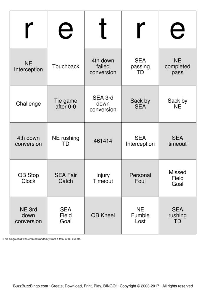 2015 Superbowl NE vs SEA Bingo Cards to Download, Print and Customize!