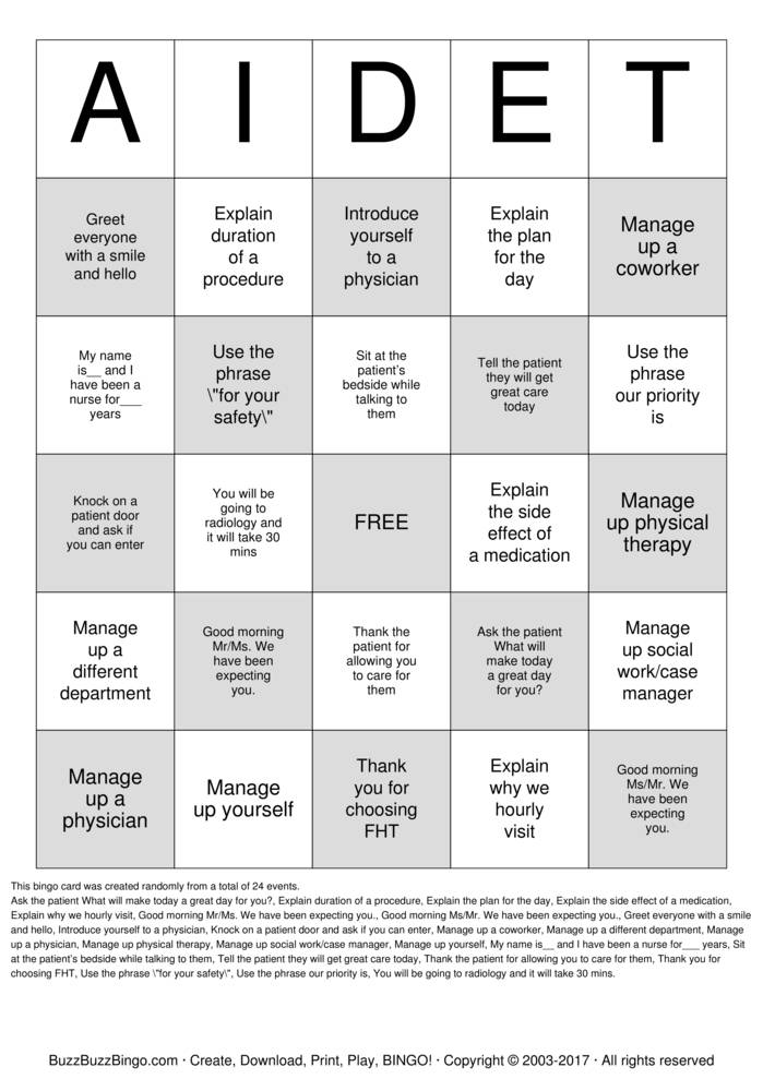 Download Free AIDET Bingo Cards
