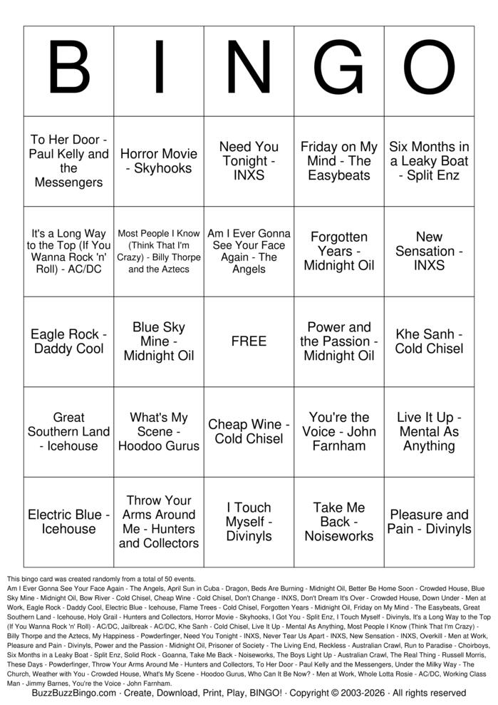 Download Free Aussie Rock Classics Top 50 Bingo Cards