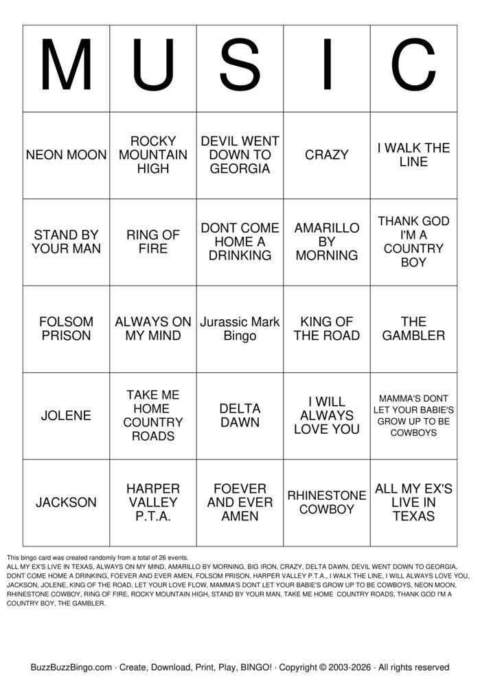 Download Free Classic Country Bingo Cards