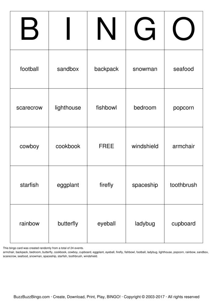 Compound noun Bingo Cards to Download, Print and Customize!